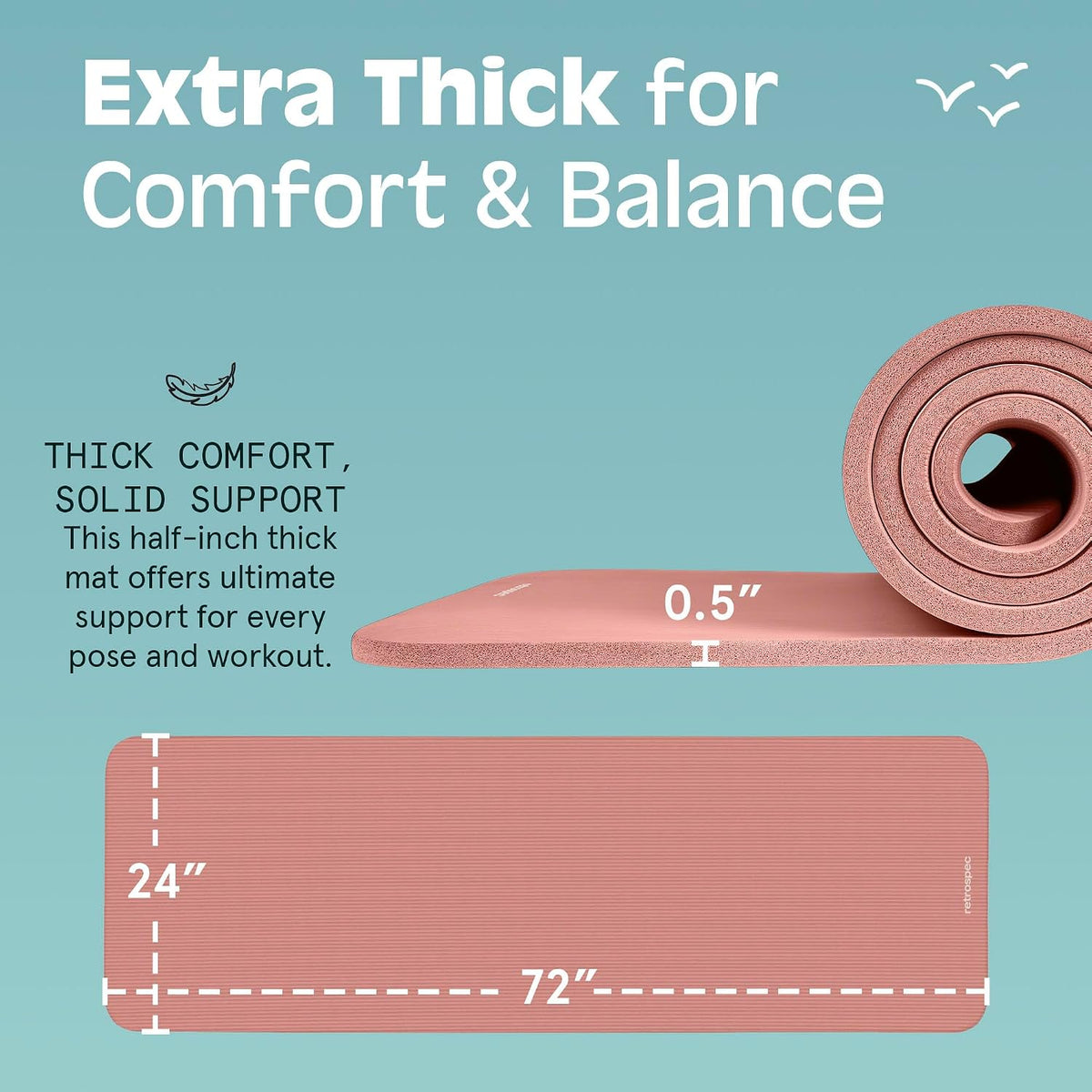 Retrospec Solana Yoga Mat Thick 1/2In Non-Slip Workout Mat with Nylon Strap - 72X24In Exercise Mat for Pilates, Stretching & Fitness - BPA Free, Easy Clean