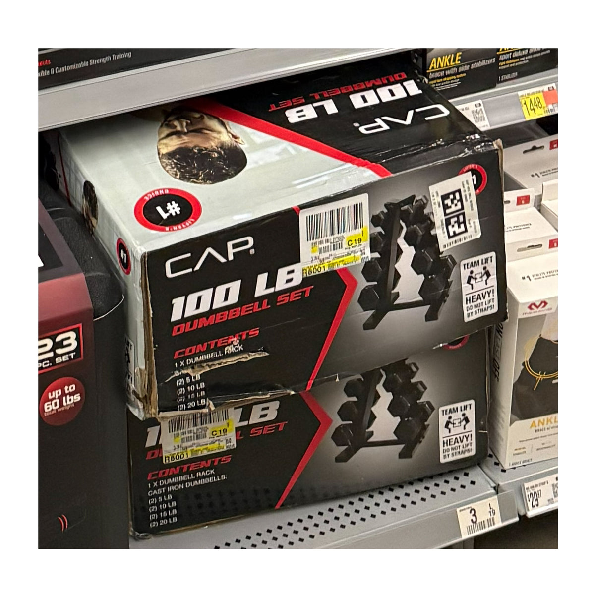Barbell 100 Lb Cast Iron Hex Dumbbell Weight Set with Rack, Black