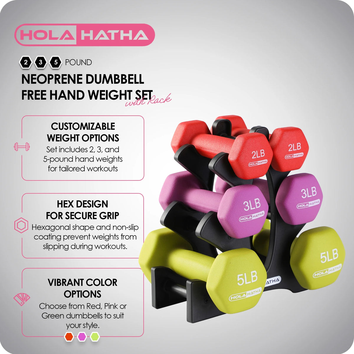 Neoprene Hex Dumbbell Set - 2-5 Lb Weights with Rack - 6 Piece