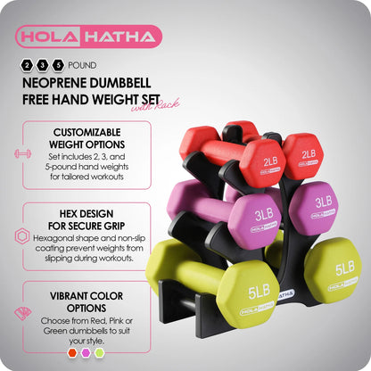 Neoprene Hex Dumbbell Set - 2-5 Lb Weights with Rack - 6 Piece